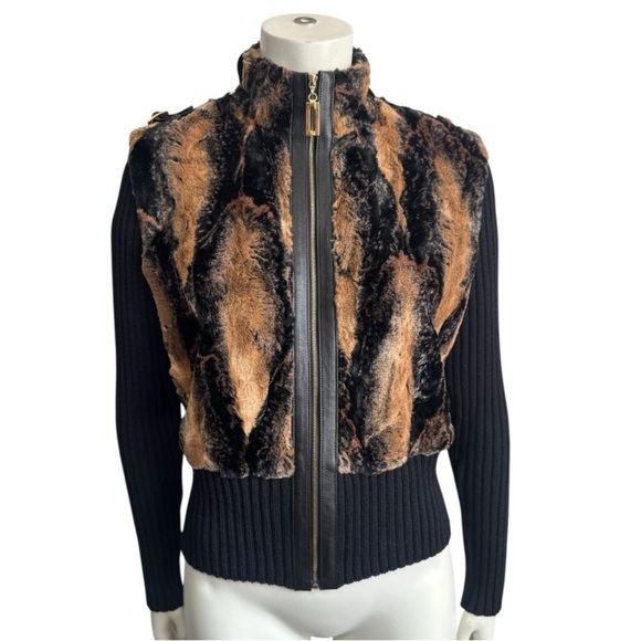 ST. JOHN Leather Trimmed Faux Fur Luxury Knit Jacket Black Tan Size Small - Picture 8 of 15